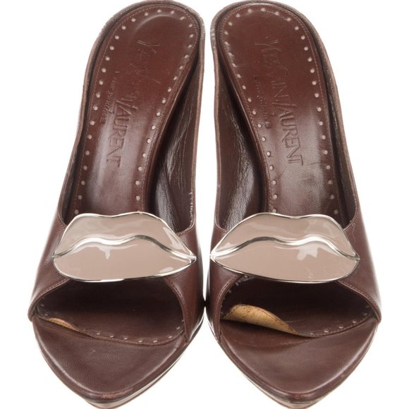 Yves Saint Laurent Shoes - Yves Saint Laurent Rive Gauche Leather Slides brown size 9